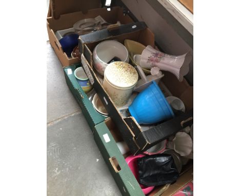 4 boxes containing vases, signed paperweight, hurricane lamp, figures, biscuit jars, etc 
