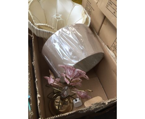 A box containing 3 lampshades and a table lamp 