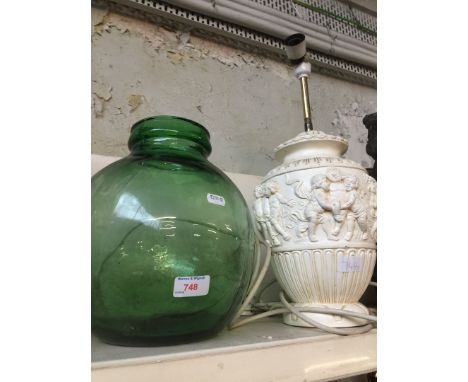 Green glass jar and a table lamp 