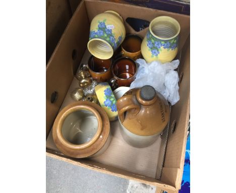 A box of various stoneware bottles, Radford pottery vases, brass door knobs etc 