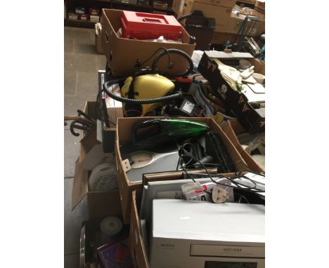 5 boxes of misc tools and electric items including steam cleaner, handheld vac, Matsui amp, aerials, scales, etc 