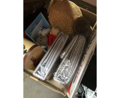 A box of misc including soft toys, curtains and Scrabble 
