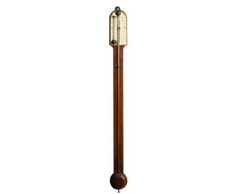 Rowell, Oxford a mahogany stick barometer the bone dial with usual barometer markings, Vernier scale and inset thermometer, t