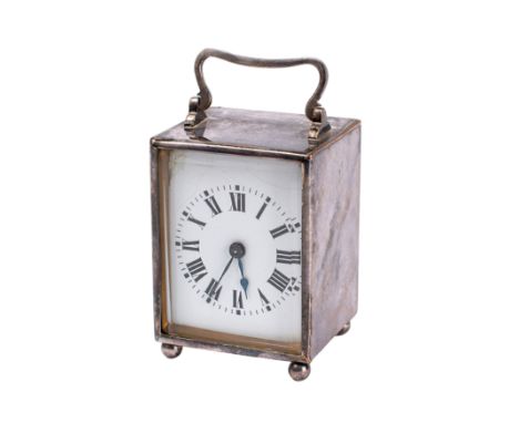 A small silver-plated Edwardian carriage clock the eight-day duration timepiece movement having a platform lever escapement, 