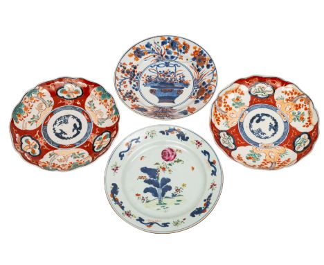 Three Oriental porcelain plates, comprising a Chinese famille rose example, [minor rim chip] and a pair of Imari porcelain pl