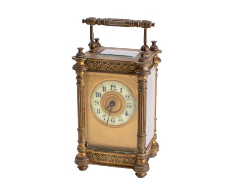 A decorative French Victorian carriage clock the eight-day duration timepiece movement having a platform cylinder escapement,