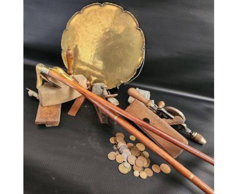 SELECTION OF TOOLS AND OTHER COLLECTABLE ITEMSincluding a Stanley hand drill, a brass duck head handled sectional walking sti