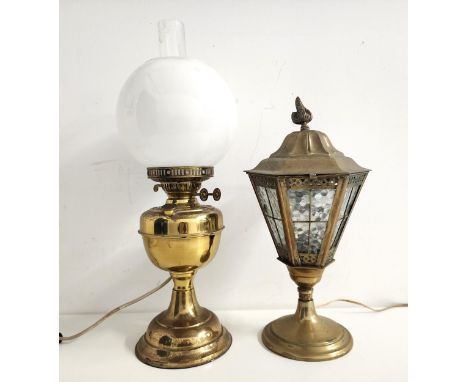DUPLEX BRASS OIL LAMPnow converted to electricity, 51cm high, together with a brass electric hexagonal lamp with opaque glass