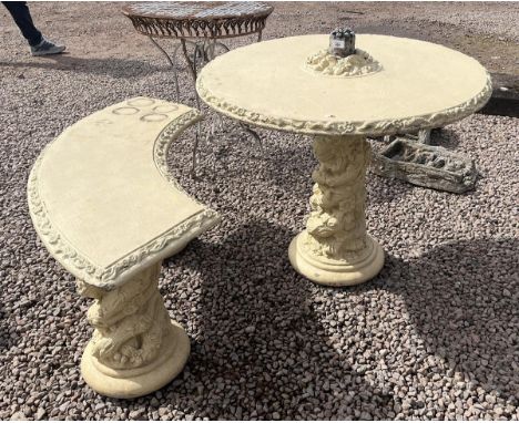 Circular stone garden table with bench 