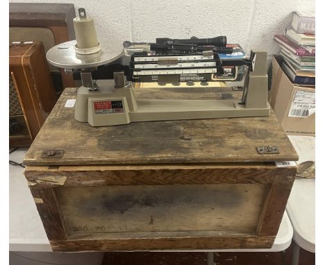 Ohavs triple beam scientific scales in wooden case 