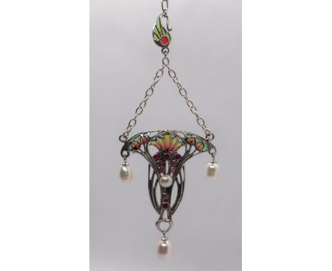 Silver enamel pearl and ruby pendant on chain 