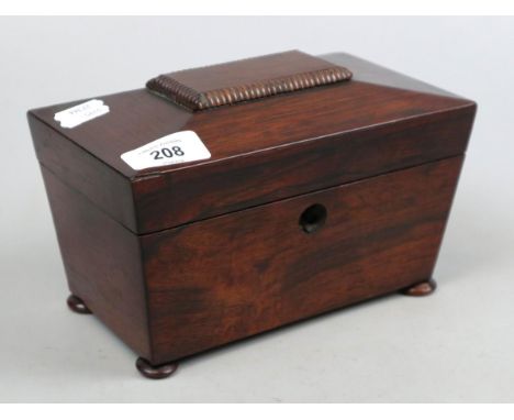 Antique mahogany sarcophagus tea caddy with bun feet 