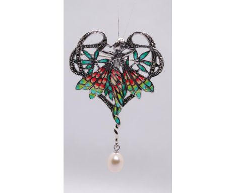 Silver enamel pearl drop fairy pendant 