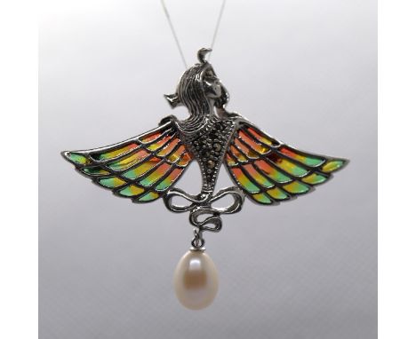 Silver and enamel pearl drop pendant 