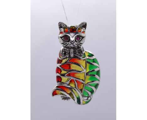 Silver enamel ruby eyed cat pendant/brooch 