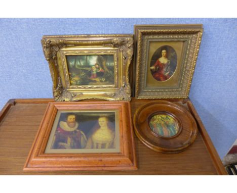 Three oleographs, Dutch scene, portrait of a lady and portrait of Elizabeth I and an Italian religious print 
