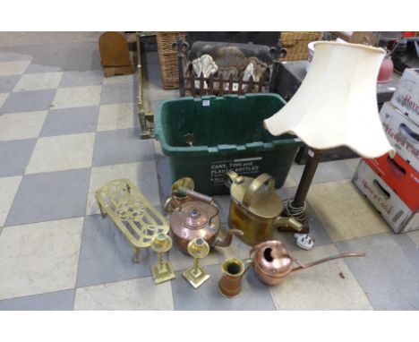 Assorted brassware, copperware and a table lamp