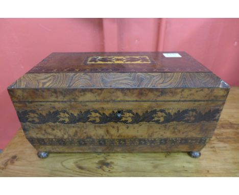 A Victorian burr walnut and Tonbridge ware inlaid tea caddy