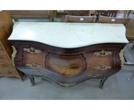 A reproduction French Louis XV style Vernis Martin marble topped serpentine commode