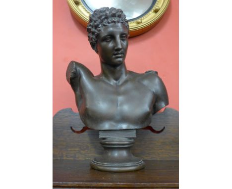 After Hermann Gladenbeck & Sohn (German 19th Century), bronzed cast metal bust of Hermes, foundry mark verso, stamped CK to u