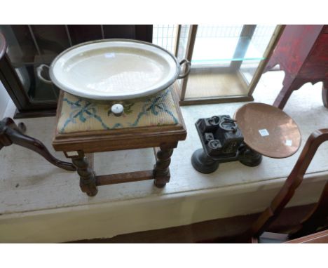 A set of cast iron scales, warming dish and oak barleytwist stool