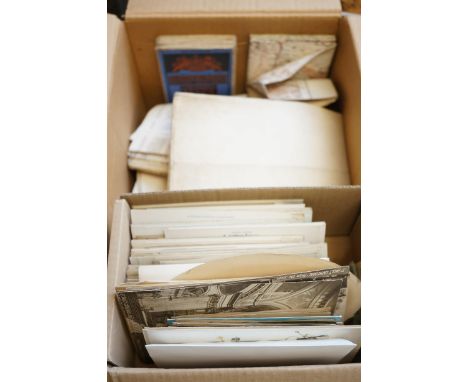 Box of postcards & vintage road maps 