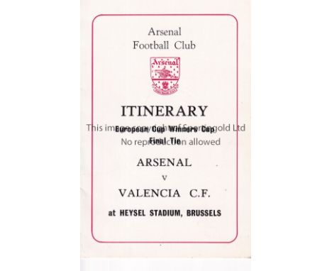 1980 ECWC FINAL / ARSENAL        Official Arsenal FC itinerary v. Valencia in Brussels 1980.    Good