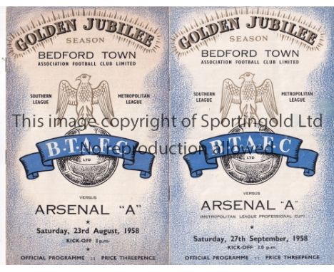 ARSENAL    Two programmes for away matches at Bedford Town 23/8/1958 Met. Lge and 27/9/1958 Met. Lge Cup.   Generally good