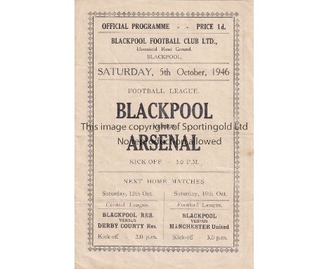 BLACKPOOL V ARSENAL 1946     programme for the League match at Blackpool 5/10/1946, slight horizontal creases.    Generally g
