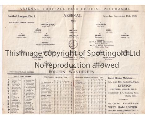 ARSENAL V BOLTON WANDERERS 1932   Programme for the League match at Arsenal 17/9/1932, slightly creased.    Generally good