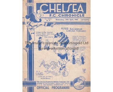 CHELSEA  / MILLWALL   Programme at Stamford Bridge 24/4/1940. Football League South. Low crowd of 2000. Score inserted. Fair 