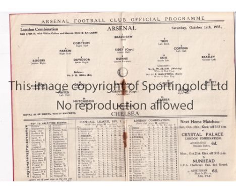 ARSENAL V CHELSEA 1935     Programme for the Combination match at Arsenal 12/10/1935, rusted staples.    Generally good