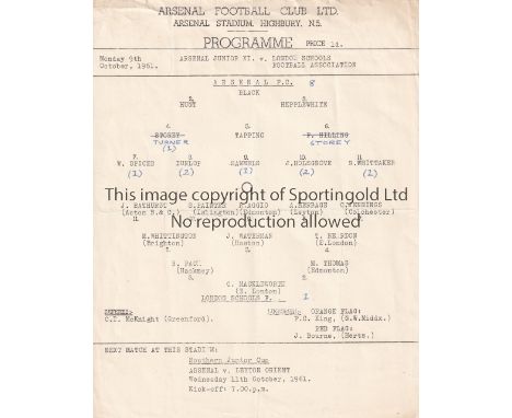 ARSENAL    Single sheet programme for the home Friendly v. London Schools F.A. 9/10/1961, slightly creased, score entered and