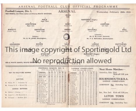 ARSENAL V STOKE CITY 1935     Programme for the League match at Arsenal 20/2/1935, horizontal fold.    Generally good