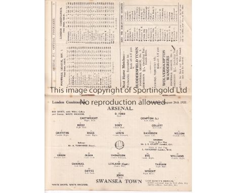 ARSENAL V SWANSEA TOWN 1937     Programme for the Combination match at Arsenal 28/8/1937, very slightly creased.    Generally