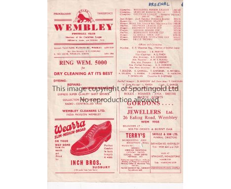 ARSENAL     Programme for the away Friendly v Wembley FC 14/9/1957, horizontal fold and Arsenal written on the cover.   Fair 