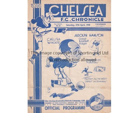 CHELSEA  / WEST HAM    Programme at Stamford Bridge 27/4/1940. No writing. Football League South. Fair to generally good    