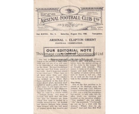 ARSENAL / FIRST HIGHBURY MATCH AFTER WWII      Programme No. 1 for season 1946/7 for the home Reserve team match v. Clapton O