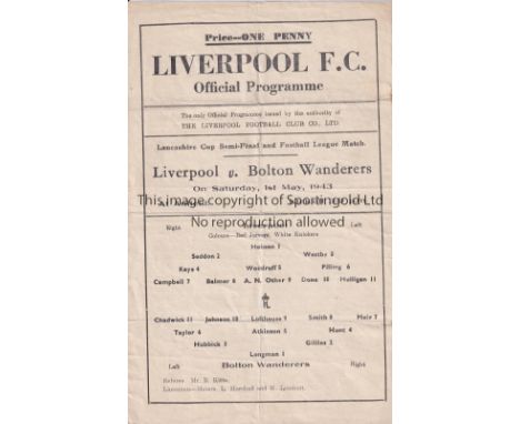 1942/43 LIVERPOOL v BOLTON      (Lancashire Cup Semi Final) single sheet official programme for the match played 1 May 1943 a