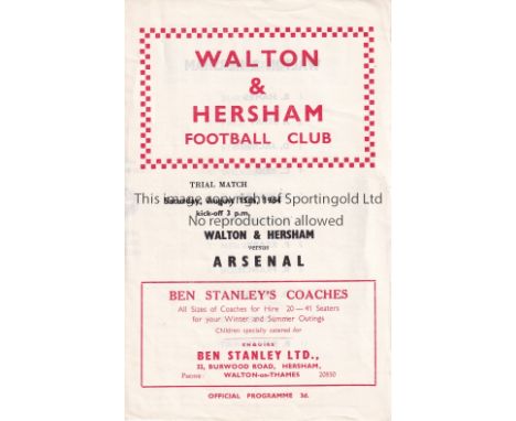 ARSENAL    Programme for the away Friendly v. Walton &amp; Hersham 15/8/1964.   Good