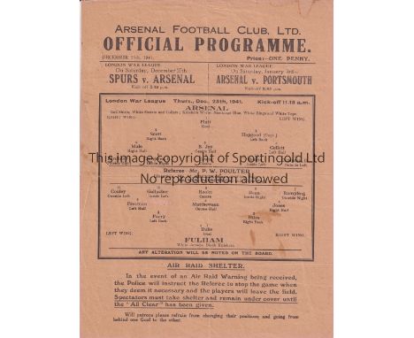 ARSENAL V FULHAM 1941     Single sheet programme for the Arsenal home London War League match 25/12/1941, slightly folded in 