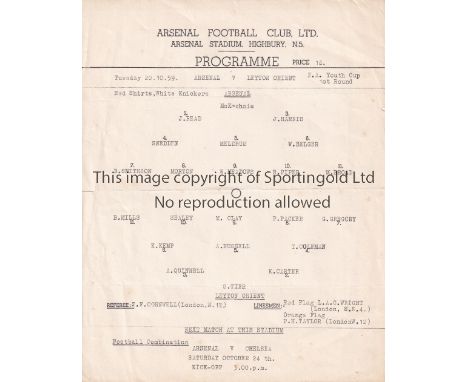 ARSENAL    Single sheet programme for the home FA Youth Cup Cup match v. Leyton Orient 20/10/1959, horizontal fold.    Genera