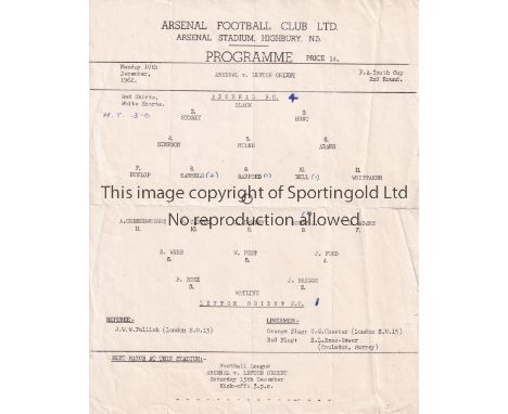 ARSENAL    Single sheet programme for the home FA Youth Cup Cup match v. Leyton Orient 10/12/1962, folded and team changes.  