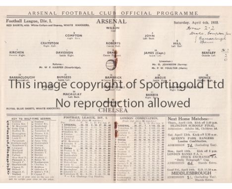 ARSENAL V CHELSEA 1935     Programme for the League match at Arsenal 6/4/1935, small writing on line-up page.    Generally go