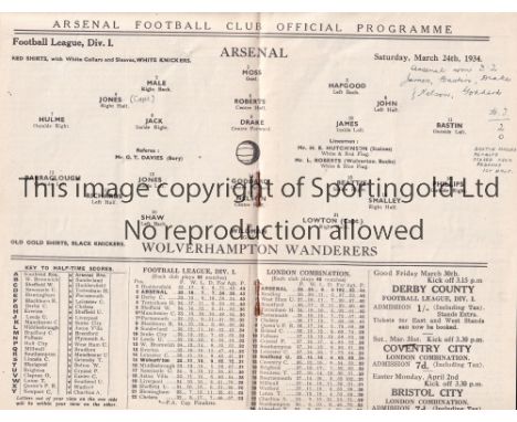 ARSENAL V WOLVERHAMPTON WANDERERS 1934    Programme for the League match at Arsenal 24/3/1934, small writing on line-up page.