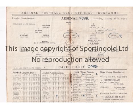 ARSENAL V CARDIFF CITY 1930    Programme for the Combination match at Arsenal 18/1/1930, creased.    Fair