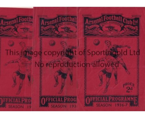 ARSENAL    Three home programmes in 1936/7 season v. Portsmouth, Chelsea and Sunderland. All are slightly creased.   Generall
