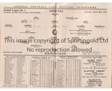 ARSENAL V BIRMINGHAM 1937   Programme for the League match at Arsenal 20/3/1937, slightly creased.    Generally good