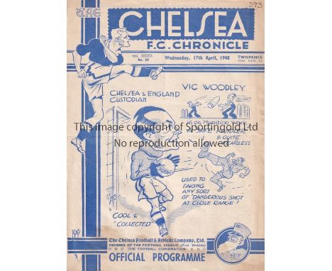 CHELSEA  / ARSENAL   Programme at Stamford Bridge 17/4/1940.  Football League South. Not ex Bound Volume. Number on top right