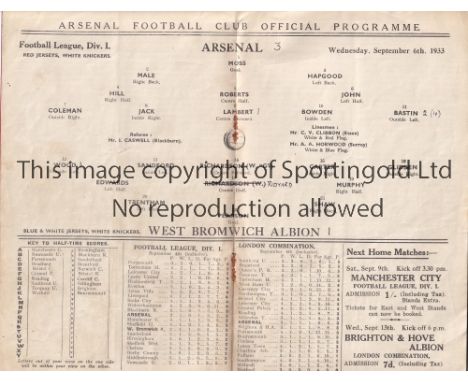 ARSENAL V WEST BROMWICH ALBION 1933    Programme for the League match at Arsenal 6/9/1933, staples removed and score entered.